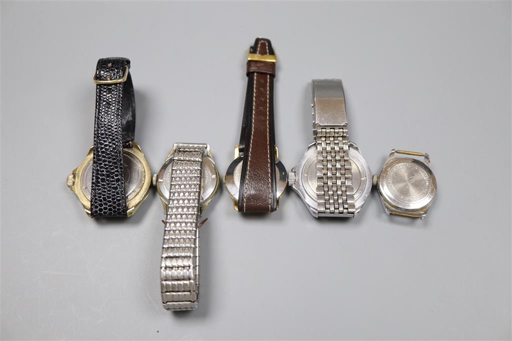 Two Russian wrist watches and three others including Medana.